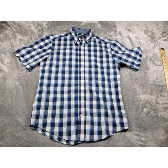 Mason James Shirt Mens Small Blue White Plaid Button Down Short Sleeve‎ Stretch - Picture 1 of 7